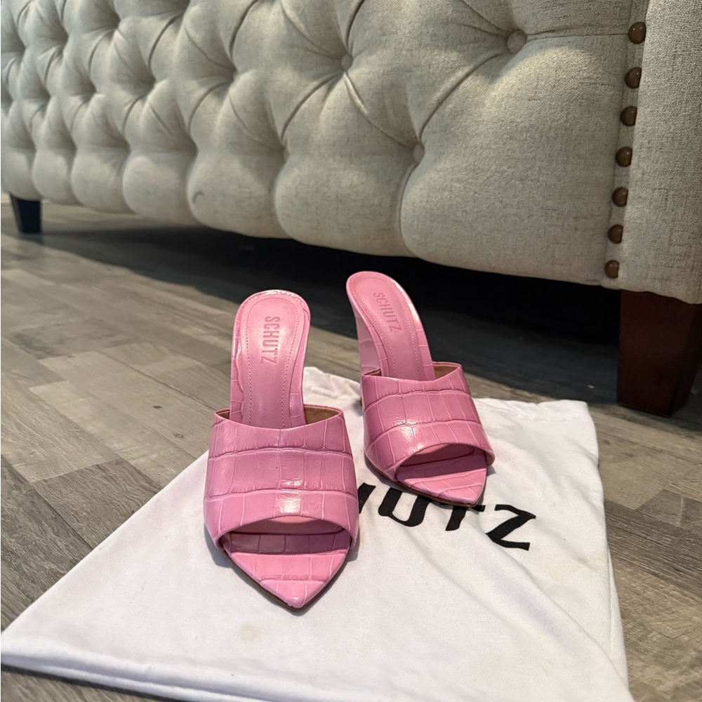 SCHUTZ Croc-Embossed Pink Mules